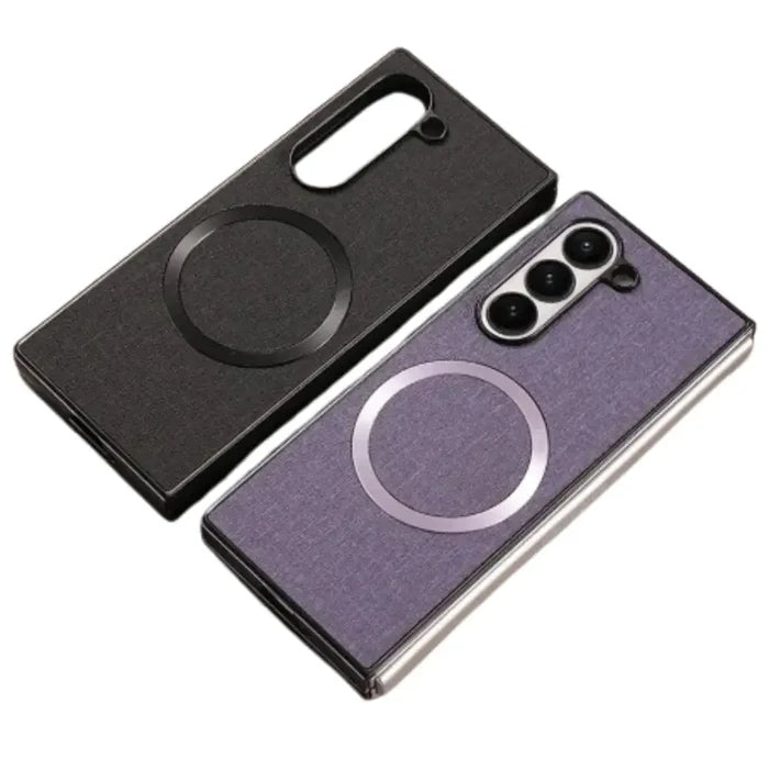 Habicare 9eight5 fabric MagSafe case for Samsung Galaxy Z Fold series, shown on the device with a textured fabric surface.