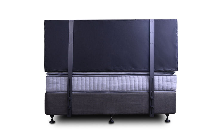 Black velvet double size Fenland headboard by sue-e furniture with a sleek, modern design and plush upholstery.