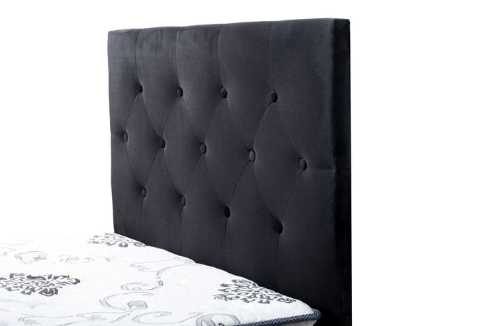 Black velvet single size Fenland headboard by sue-e furniture, featuring a soft, plush fabric and elegant headboard design.