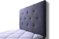 Grey single Fenland headboard by sue-e furniture with padded fabric upholstery and modern design, shown in a bedroom setting.