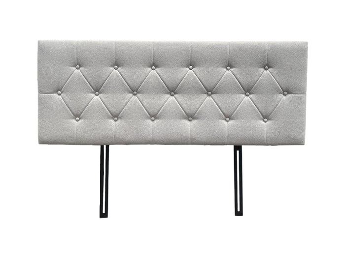 Light grey Fenland queen headboard by sue-e furniture, showcasing a modern fabric design with a padded, upholstered surface.