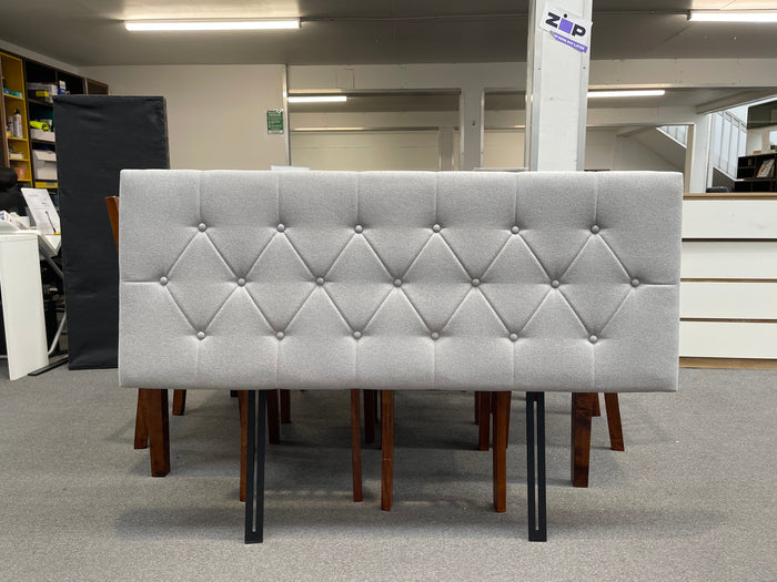 Light grey Fenland queen headboard by sue-e furniture, showing a stylish upholstered headboard with clean lines and soft fabric.