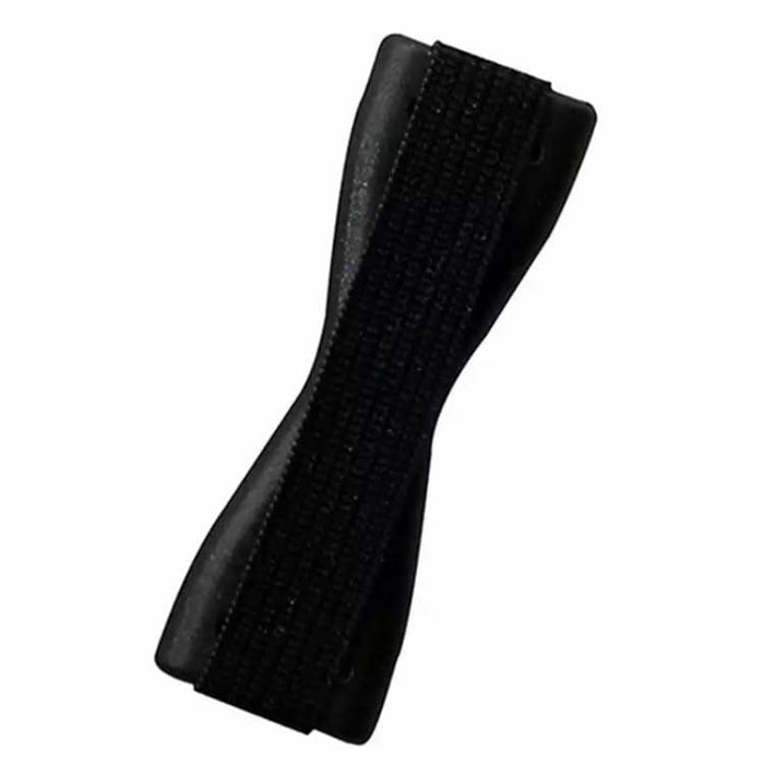 Black 9eight5 finger grip for phones and tablets, showing a close-up of the textured surface and ergonomic design.