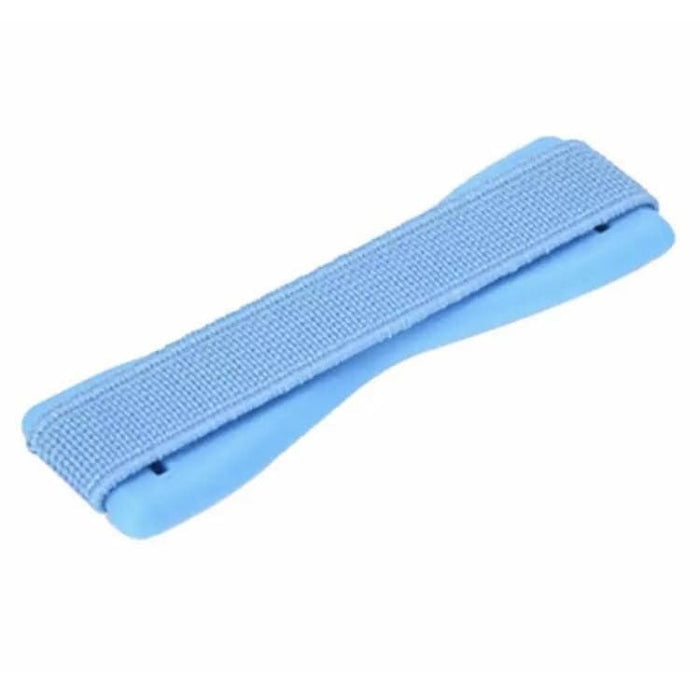 Blue 9eight5 finger grip for phone and tablet accessories, showing the colorful and ergonomic design in a close-up shot.