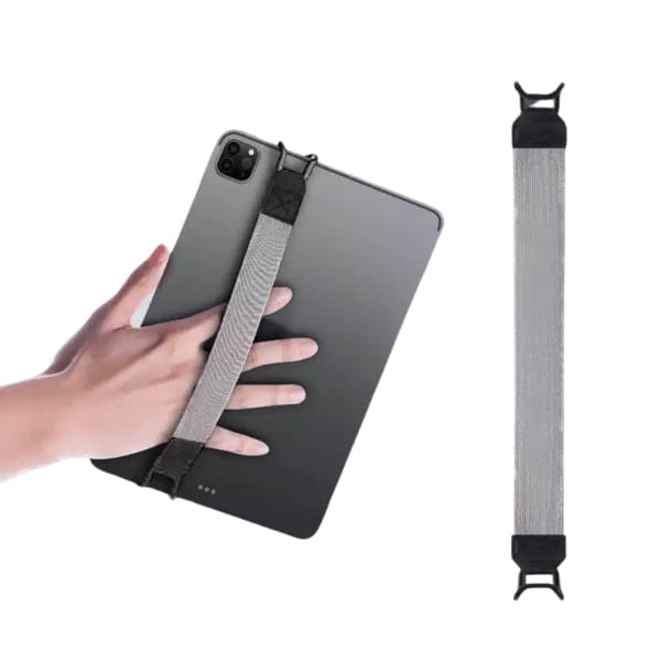 9eight5 finger grip accessory attached to an iPad, providing a secure hold for tablets and enhancing portability.