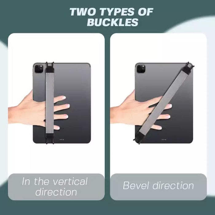 Black finger grip accessory for iPads and tablets by 9eight5, shown attached to a tablet for secure handling.