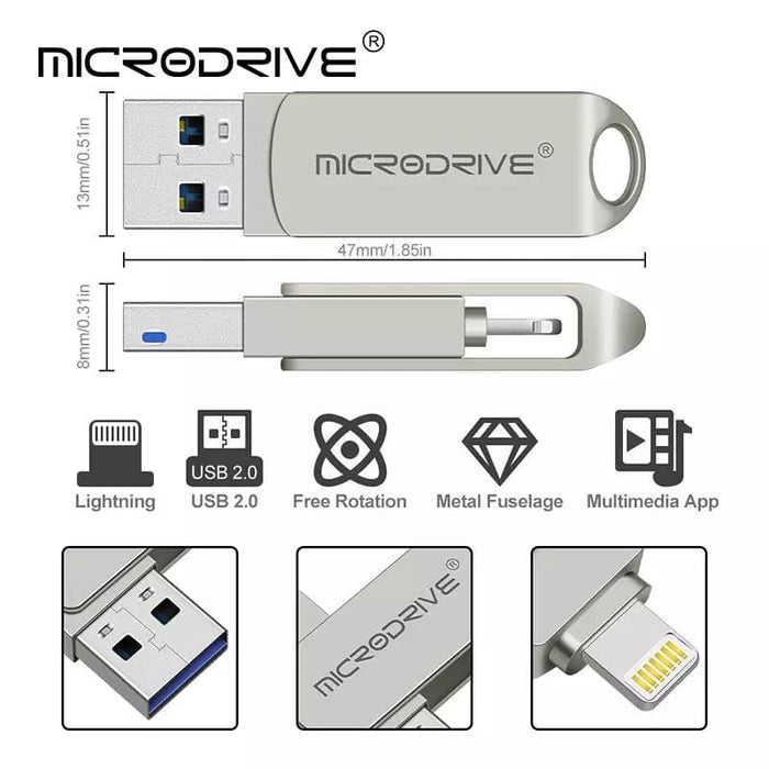 9eight5 64GB flash drive for iPad and iPhone, showing compact electronics accessory with USB and Lightning connectors.