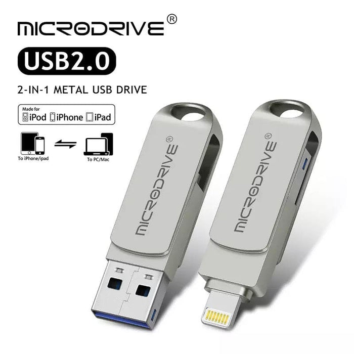 9eight5 64GB flash drive compatible with iPad and iPhone, portable electronics accessory for data transfer and storage.