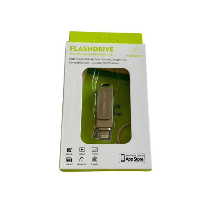 9eight5 64GB flash drive for iPad and iPhone, compact electronics accessory with USB and Lightning connectors for data transfer.