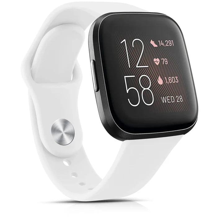 Flexible silicone wristband for Fitbit Sense by Habicare, available in 17 colors, shown in a close-up image with vibrant options.