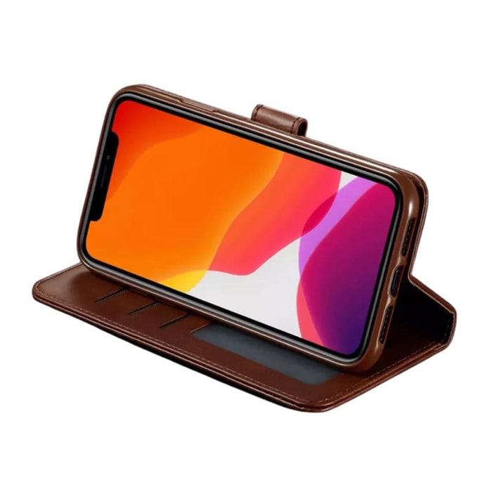 9eight5 Flip Case for iPhone 13 Mini (5.4-inch) with protective cover and card slot, shown on a smartphone.