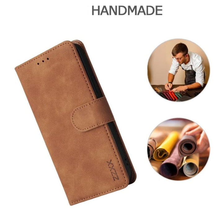 9eight5 flip case for iPhone 14 Pro Max 6.7-inch in brown, featuring eyewear fashion design and card slots.