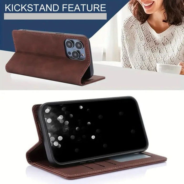 9eight5 flip case for iPhone 15 (6.1-inch) in three colors, showing the protective front cover and sleek exterior design.