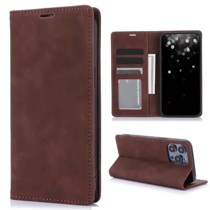 Brown flip case for iPhone 15 Pro Max 6.7-inch by 9eight5, featuring a protective cover and card slots.
