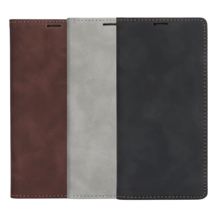 Brown flip case for iPhone 16 Pro by 9eight5, showing the front cover and phone inside, available in three colors.