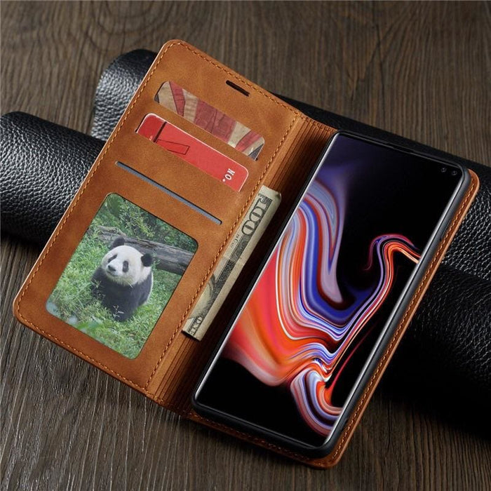 9eight5 flip case for Samsung Galaxy Note 10, protective phone case with card slots and durable material, shown on device.