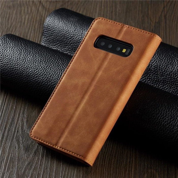 Samsung Galaxy Note 10 flip case by 9eight5, black leather phone cover with card slots and secure closure.