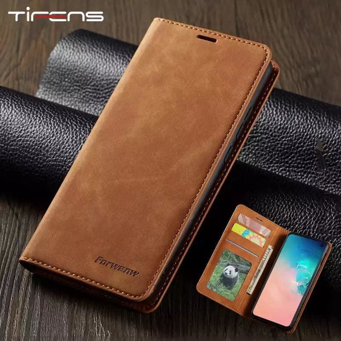 9eight5 flip case for Samsung Galaxy Note 10 with card slots, black synthetic leather, and slim protective design.
