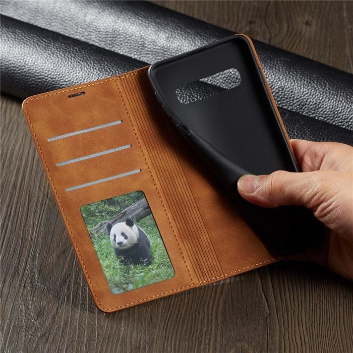 9eight5 flip case for Samsung Galaxy Note 10, featuring protective leather cover and precise cutouts for phone access.