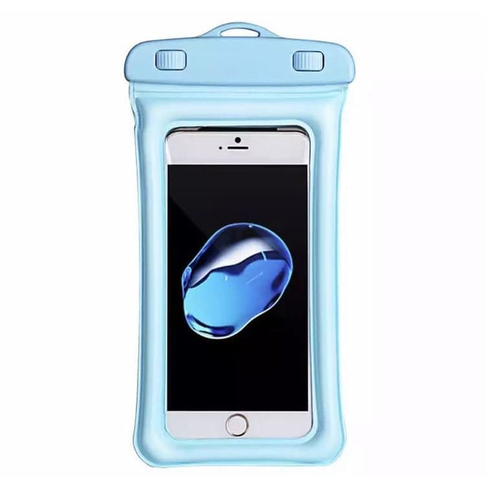Light blue 9eight5 floating waterproof phone bag showcasing a secure seal and water-resistant design for outdoor use.