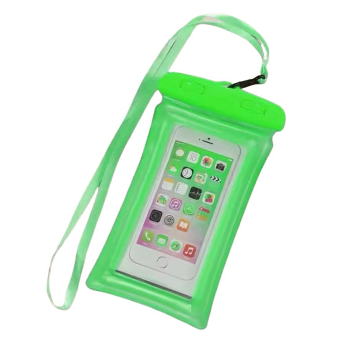 Green 9eight5 floating waterproof phone case designed to keep smartphones dry and safe in water and wet conditions.