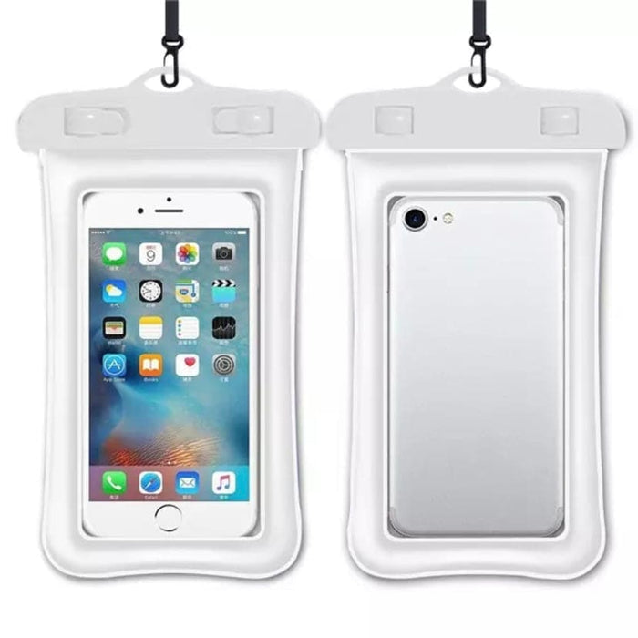 White 9eight5 floating waterproof bag for phones, durable waterproof case designed to keep your device dry and safe in water.