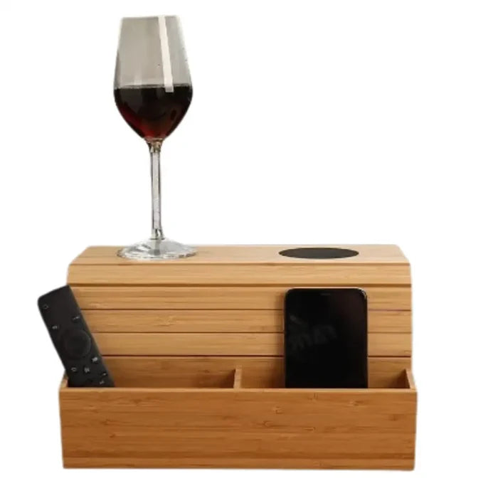 Foldable bamboo sofa armrest table with cup holder by Habicare, shown in two color options, designed for convenient use on a sofa arm.