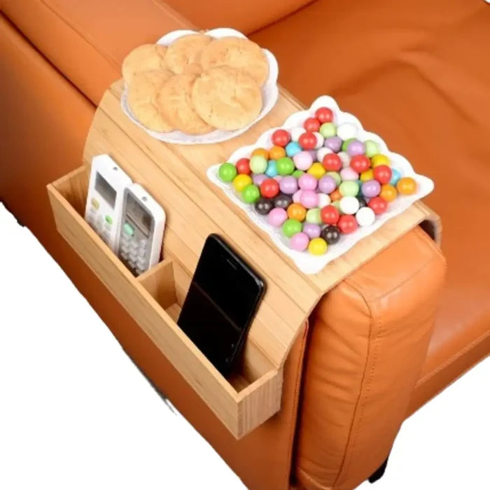 Habicare foldable bamboo sofa armrest table with cup holder, available in two colors, designed to fit securely on sofa armrests.