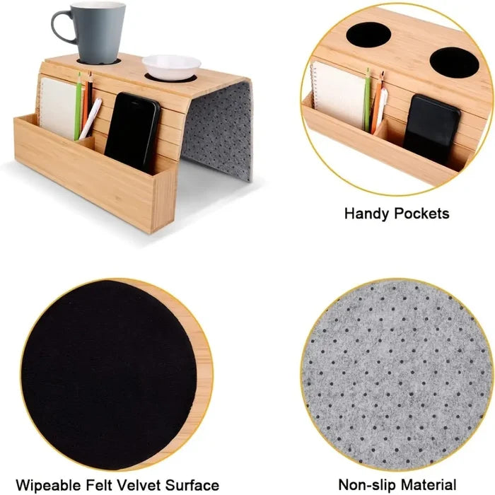 Foldable bamboo sofa armrest table with cup holder by Habicare, available in two colors, designed for convenient on-arm use.