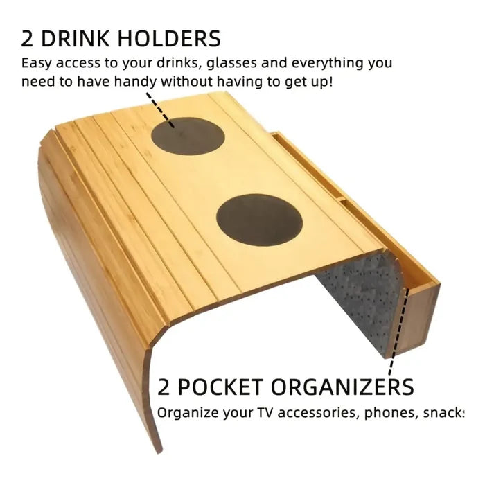 Habicare foldable bamboo sofa armrest table with cup holder, available in two colors, showing the compact, functional design.