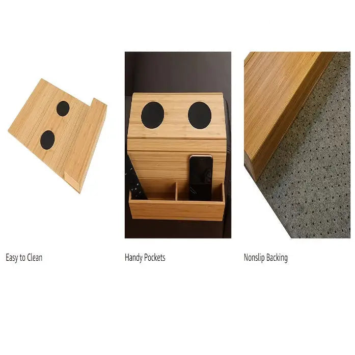 Habicare foldable bamboo sofa armrest table with cup holder, available in two colors, designed for convenient use beside a sofa.