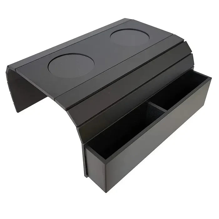 Habicare foldable bamboo sofa armrest table with cup holder in two color options, designed for convenient surface and beverage placement.