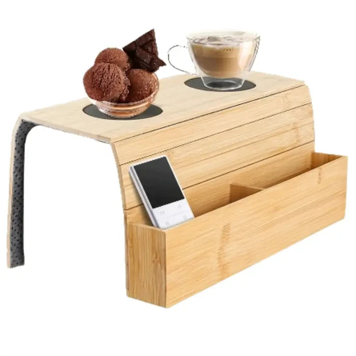 Habicare foldable bamboo sofa armrest table with built-in cup holder, available in two colors, designed for convenient use on sofas.