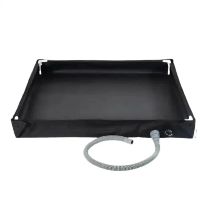 Stainless steel foldable camping shower pan by Habicare, compact and portable for outdoor shower use.