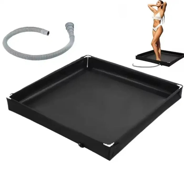 Stainless steel foldable camping shower pan by Habicare, compact and portable for outdoor camping use.