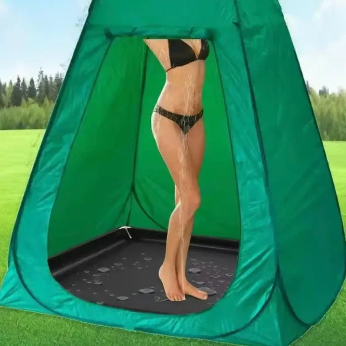 Stainless steel foldable camping shower pan by Habicare, compact and portable for outdoor showering.