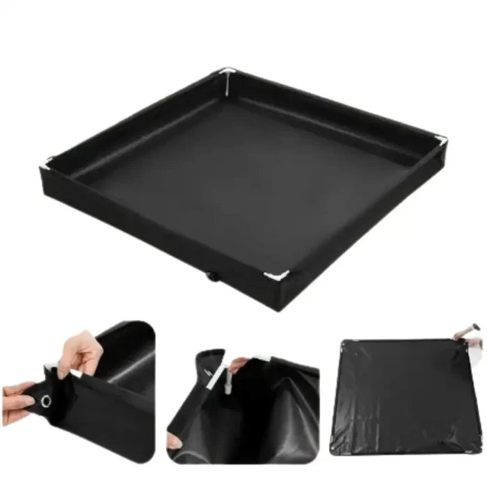 Stainless steel foldable camping shower pan with compact design, ideal for outdoor camping and portable shower setups.