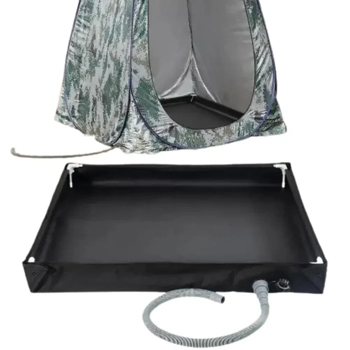 Stainless steel foldable camping shower pan by Habicare, compact and portable for outdoor showering needs.