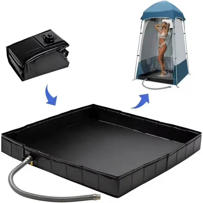 Stainless steel foldable camping shower pan by Habicare, compact and portable for outdoor shower setups.