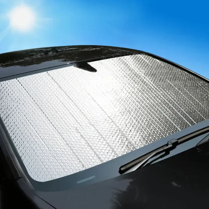 HBC Habicare foldable car windshield sunshade in various sizes, designed to block heat and UV rays for vehicle protection.
