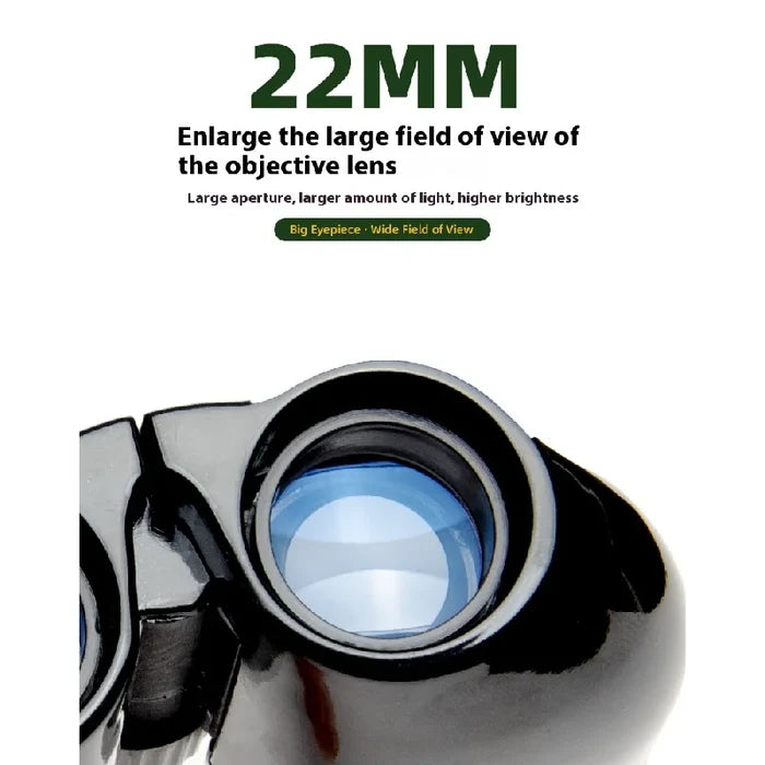 Habicare foldable compact binoculars 10x22 with SS design, showing the sleek black exterior and foldable feature.