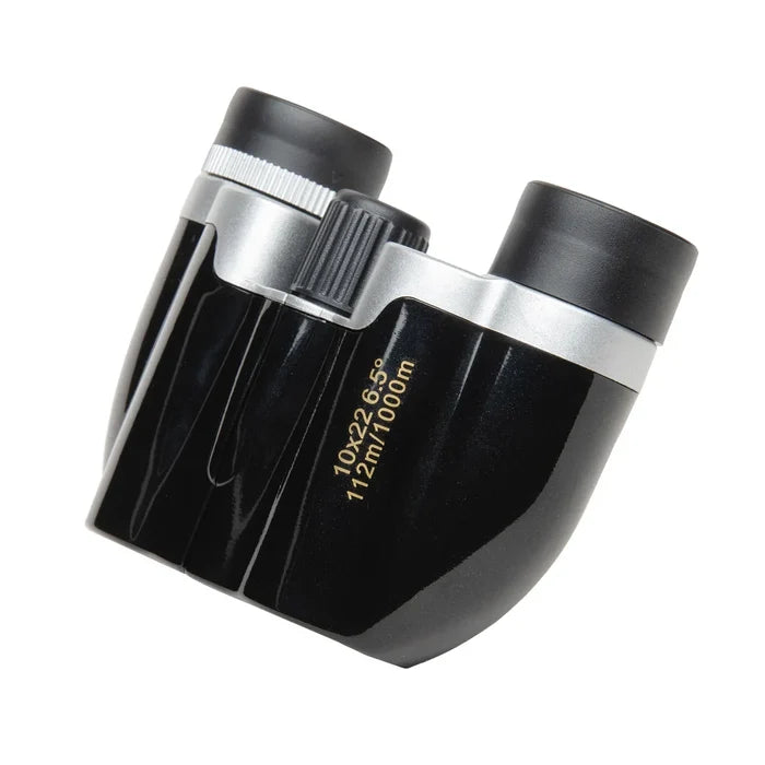 Habicare foldable compact binoculars 10x22 SS with black body, lightweight design, and adjustable eyepieces for clear viewing.