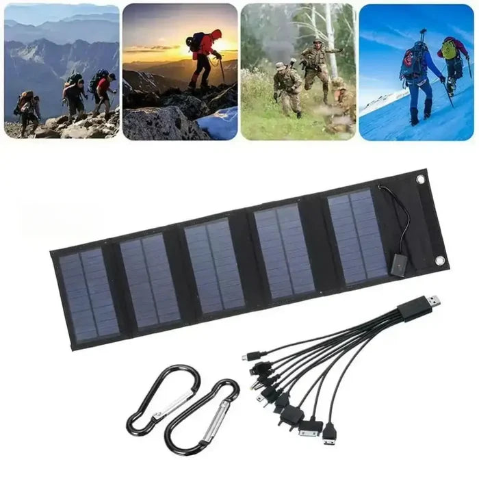 Habicare 12W foldable solar panel with 5V output, featuring a compact design and built-in battery for portable solar power.