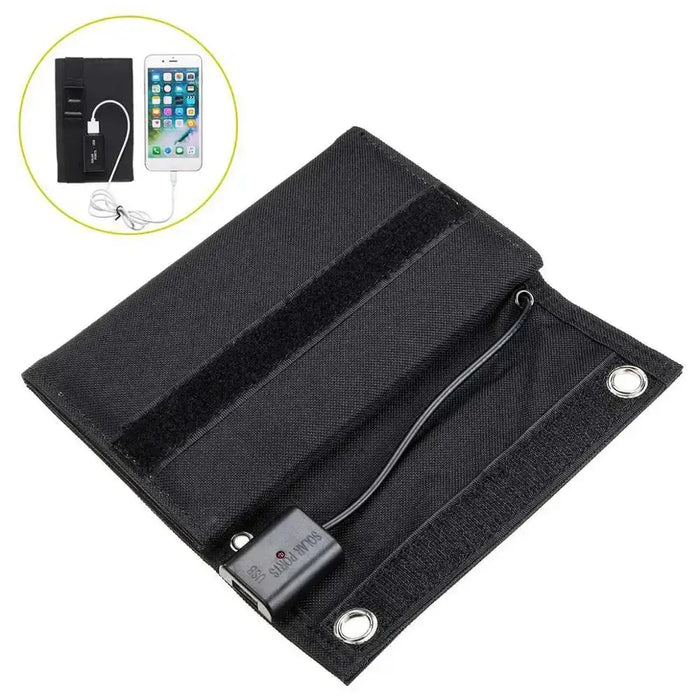 Habicare 12W foldable solar panel with 5V output, compact design for portable solar charging and battery power.