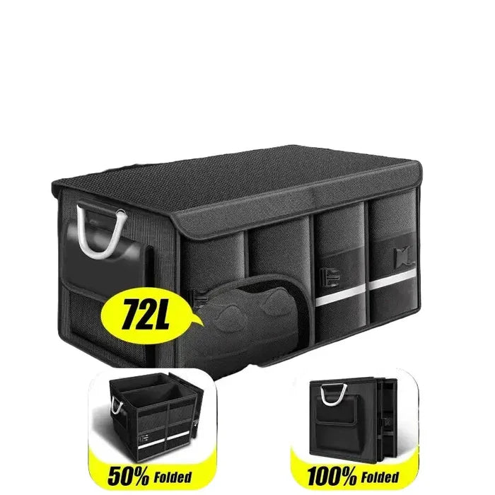 Habicare foldable waterproof vehicle storage organizer in SS, available in 3 sizes, shown with compartments and handles for car organization.