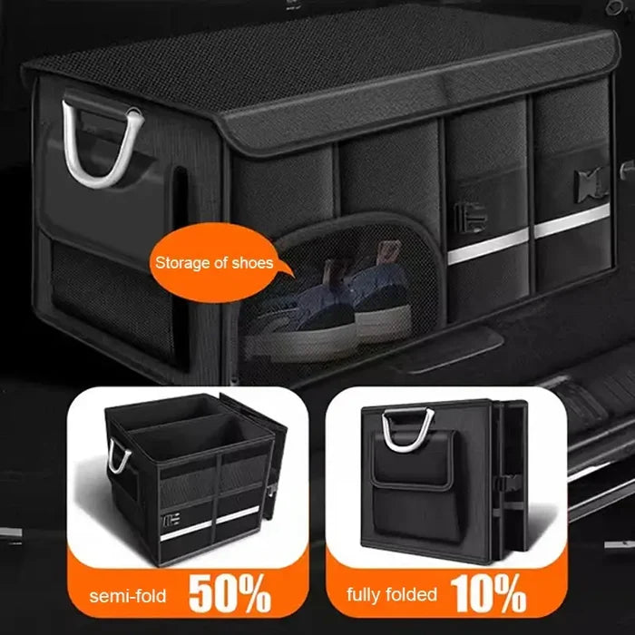 Foldable waterproof vehicle storage organizer by Habicare, available in three sizes, with multiple compartments for car organization.