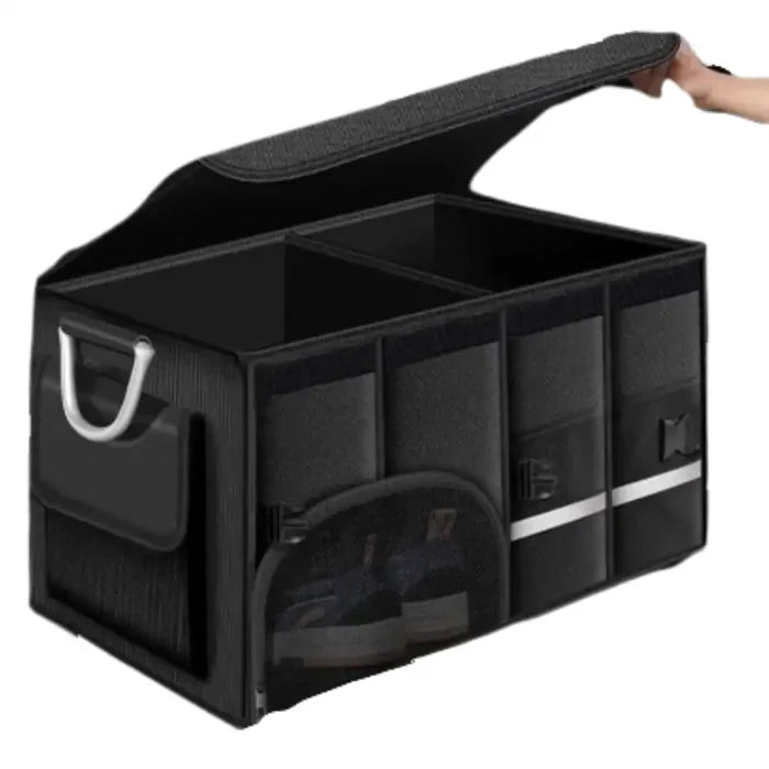 Habicare foldable waterproof vehicle storage organizer in SS, available in 3 sizes, shown folded with compartments and handles.