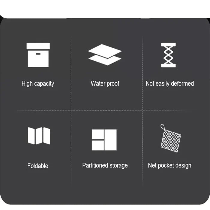Habicare foldable waterproof vehicle storage organizer in SS, available in 3 sizes, with multiple compartments and durable design.