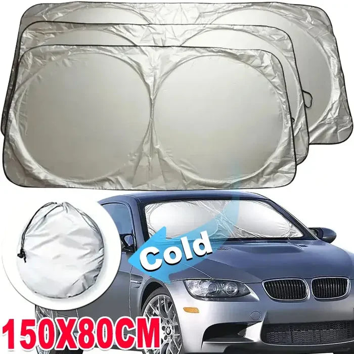 HBC Habicare folding car windshield sunshade visor blocking sunlight and heat from the vehicle's interior.