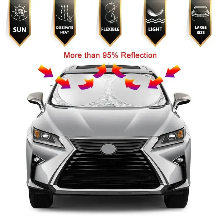 Habicare HBC folding car windshield sunshade visor spread open, showing reflective surface and easy fold design for sun protection